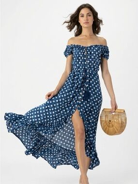 Tiara Hawaii Polkadot Flowy Maxi Dress Sz S Button Front Ruffle Vacation Coastal